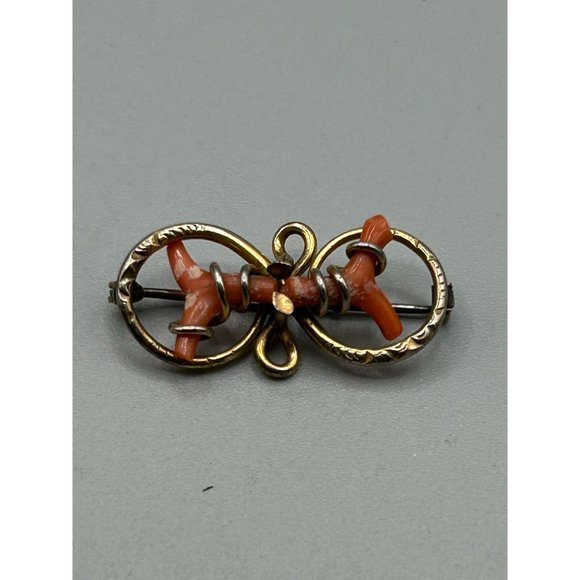 Victorian Antique Coral Pin Brooch Gold Filled Wire Wrapped Design Genuine Coral - Picture 7 of 7